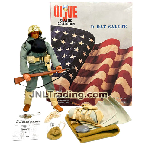 Year 1997 GI JOE Classic Collection Series 12 Inch Figure : D-DAY SALUTE 1st Infantry Div. Caucasian Soldier with M-1 Rifle, Bayonet, Tent & Gas Mask
