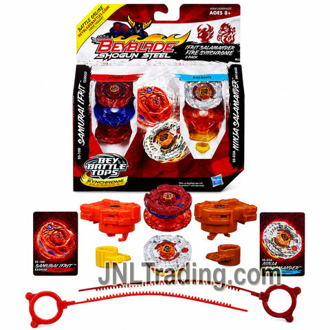 Year 2012 Beyblade Shogun Steel Bey Battle Tops 2 Pack Set -  Ifrit Salamander Fire Synchrome with SAMURAI IFRIT & NINJA SALAMANDER Plus 2 Ripcords