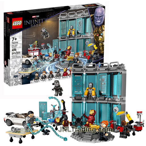 Year 2022 Lego Marvel Studios Set 76216 - IRON MAN ARMORY with Tony Stark, Pepper Pots, Nick Fury, War Machine, MK3, MK85, MK 25 and Whiplash (496 Pc)