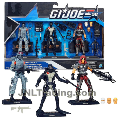 Year 2015 G.I. JOE 50th Series 3 Pack 4 Inch Tall Figure Set - VANISHING ACT with HIT & RUN, TORPEDO and ZARTAN Plus Accessories, Bases and Cards