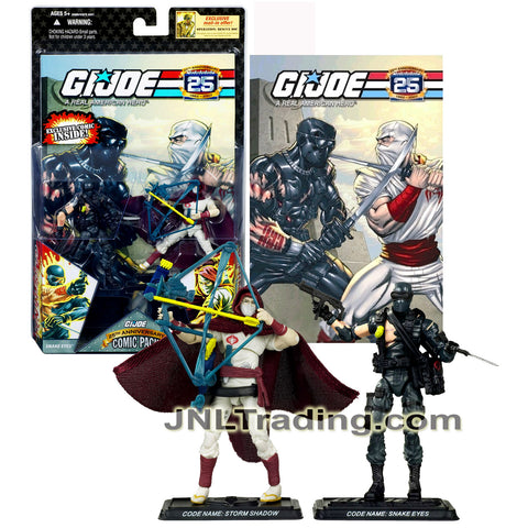Year 2007 GI JOE Real American Hero 25th Anniversary Comic 2 Pack 4 Inch Figure - SNAKE EYES and STORM SHADOW with 2 Display Base and Comic Book