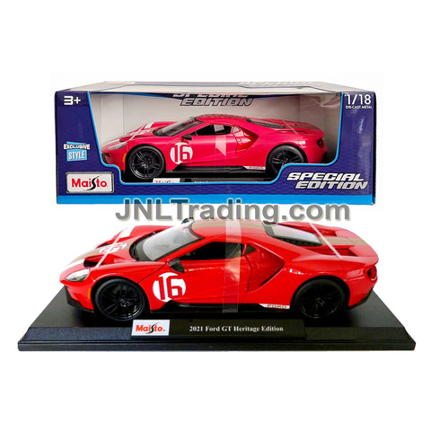 Maisto Special Edition Series 1:18 Scale Die Cast Car - Red Sports Coupe 2021 FORD GT Heritage Edition with Gull Wing Doors & Display Base