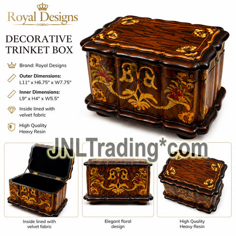 Royal Designs Decorative Wooden Look Keepsake Jewelry Trinket Box Velvet Lined Heavy Resin Storage Chest Floral Inlay 11" x 7.75"