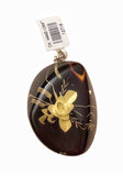Handcraft Amber With Flower Sculpture Pendant necklace 1.5” Oval