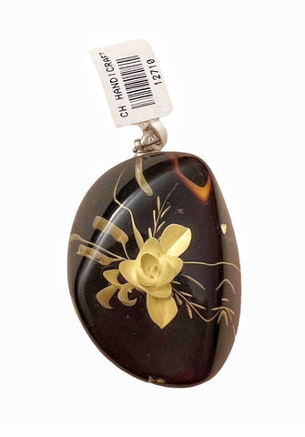Handcraft Amber With Flower Sculpture Pendant necklace 1.5” Oval