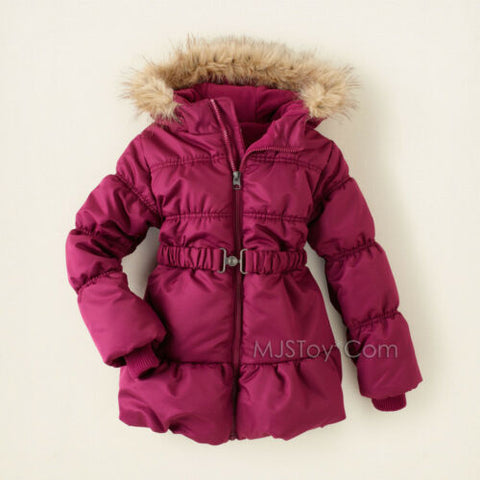 NWT Children Place Stylist Burgandy Belted Puffer Winter Jacket Warm Puff Coat