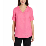 NWT Ellen Tracy Women Roll Tab Short Sleeve Linen Tunic 1/4 Zip Shirt/Top/Blouse