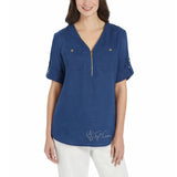 NWT Ellen Tracy Women Roll Tab Short Sleeve Linen Tunic 1/4 Zip Shirt/Top/Blouse