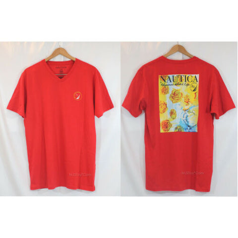 NWT Nautica Men Red V-Neck Graphic Tee Polynesian Island 100% Cotton T-Shirt