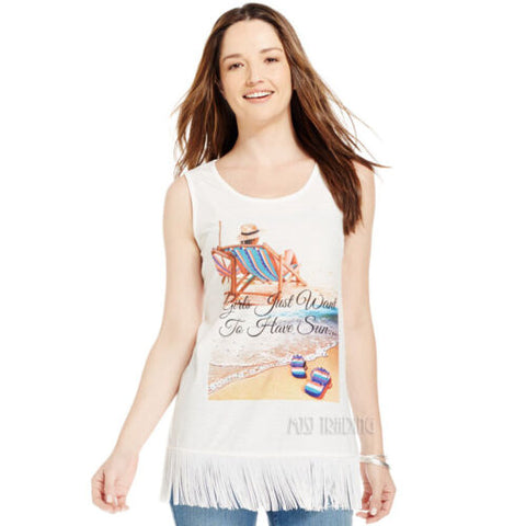 NWT Style & Co. Sleeveless Graphic-Print Fringe "Girl Just Want to Have Sun" Tee