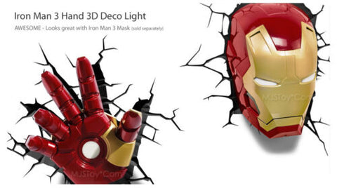 iron man 3d deco light helmet and hand on wall Marvel Avangers Iron Man 3 Hand 3D Deco Wall Art Night Light LED Nite Crack