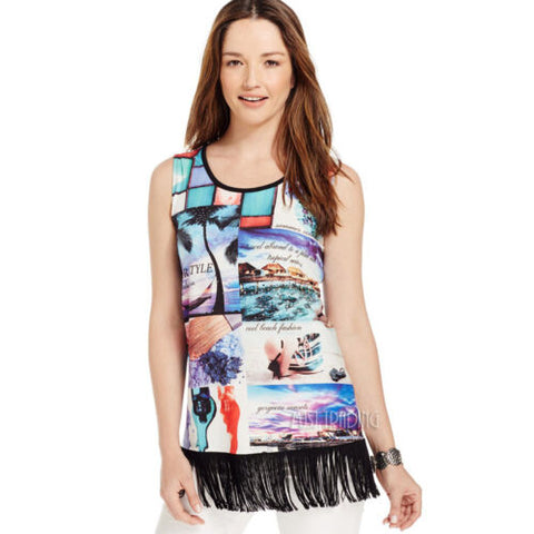 NWT Style & Co. Sleeveless Graphic-Print Fringe Summer Beach Style Tee T-Shirt