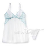 NWT Gilligan & O‘Malley Women‘s Babydoll & Thong White Blue Lace SEXY lingerie