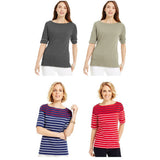 NWT Karen Scott Striped Elbow-Sleeve Boat-Neck Top Tee T-Shirt 4 Colors XS/S/M