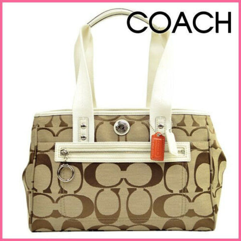 NWT Coach White Khaki Daisy Signature Shoulder Bag Large Tote Handbag Purse