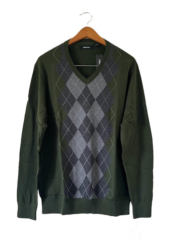 Claiborne Men's Diamond Argyle V-Neck Long Sleeve Sweater Green Gray