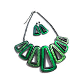 WOMEN BIB COSTUME NECKLACE & EARRINGS Hollow Green Triangle RESIN SET #13