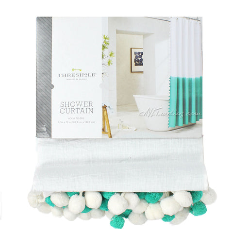 Threshold Aqua-White Cotton-Linen Tie Dye Pom Pom 72x72" Shower Curtain