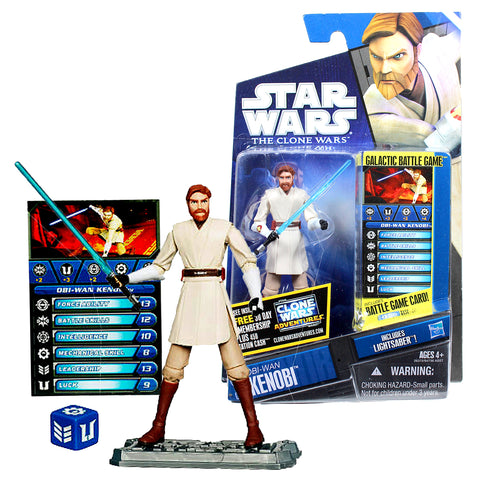 Star Wars Year 2010 Galactic Battle Game The Clone Wars Series 4 Inch Tall Figure : OBI-WAN KENOBI CW40 with Lightsaber, Battle Game Card, Die and Display Base