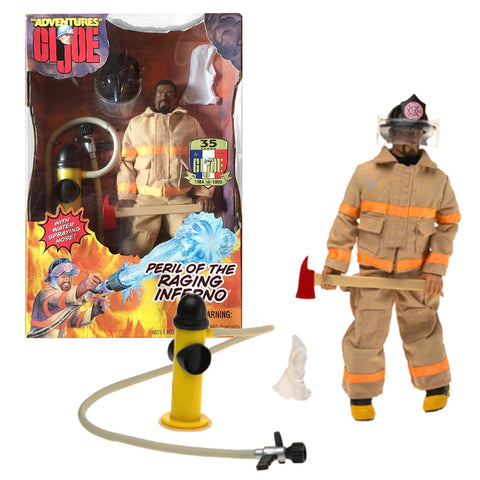 Hasbro GI JOE Adventures Series 12" Tall Figure - PERIL OF THE RAGING INFERNO with Fireman (African American), Axe and Water Squirting Fire Hose