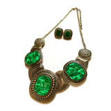 Women Bib Costume Necklace & Earrings Chunky Rectangle Green Resin Set #11