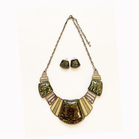 WOMEN BIB COSTUME NECKLACE & EARRINGS CHUNKY GREEN Glass effect RESIN SET#12