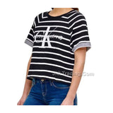 Calvin Klein Jeans Stripes Crew Neck French Terry Logo Cropped Top Shirt