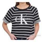 Calvin Klein Jeans Stripes Crew Neck French Terry Logo Cropped Top Shirt