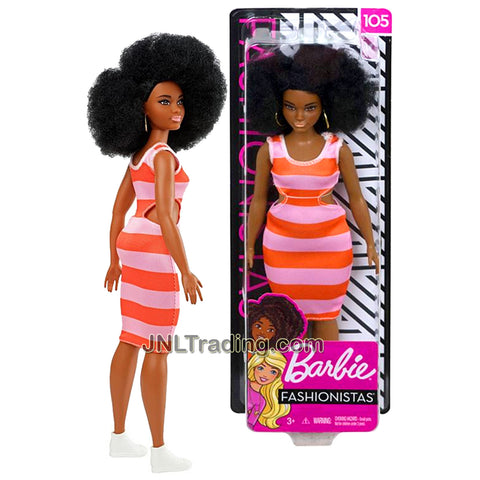 Year 2018 Barbie Fashionistas Series 12 Inch Doll #105 - Curvy African American Model in Peach Orange Stripes Dress with Earrings