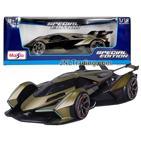 Maisto Special Edition Series 1:18 Scale Die Cast Car Set - Metallic Olive Green Sports Car LAMBO V12 VISION GRAN TURISMO with Display Base
