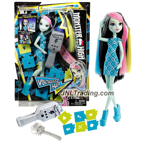 Mattel Year 2015 Monster High 11 Inch Doll Set - Daughter of Frankenstein VOLTAGEOUS HAIR FRANKIE STEIN with Electronic Hair Tool, Stencils, Yellow & Blue Extensions and Brush