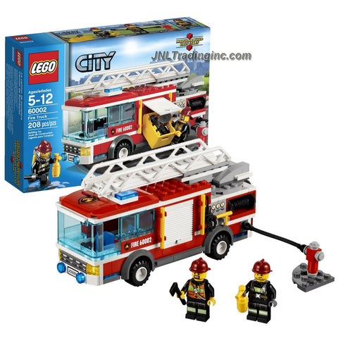 Lego Year 2013 City Series 6 Inch Long Vehicle Set #60002 - FIRE TRUCK with Retractable Hose, Extendable Ladder with Rotating Base and an Opening Hatch with Storage Box Plus 2 Firefighter Minifigures (Total Pieces: 208)