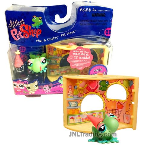 Year 2007 Littlest Pet Shop LPS Play & DIsplay Pet Nook Series Bobble Head Figure Set - Littlest #474 FROG with Birthday Hat
