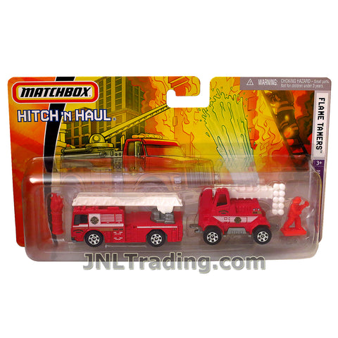 Matchbox Year 2007 Hitch 'N Haul Series 1:64 Scale Die Cast Metal Car Set - FLAME TAMERS M9614 with Fire Truck, Fire Support Vehicle, Fire Fighter and Flame Barrel