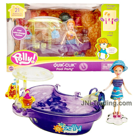 Year 2005 Polly Pocket Quik-Clik POOL PARTY Playset with Doll, Swimming Pool, Color Change Wand and Many Accessories