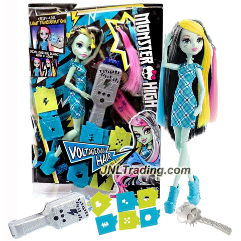 Mattel Year 2015 Monster High 11 Inch Doll - VOLTAGEOUS HAIR FRANKIE STEIN with Electronic Hair Tool, Stencils, Pink & Blue Extensions and Brush