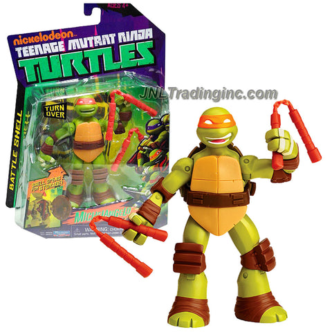 Playmates Year 2013 Nickelodeon Teenage Mutant Ninja Turtles Battle Shell Series 5 Inch Tall Action Figure - MICHELANGELO with Shell that Pops Open for Weapon Storage Plus 2 Nunchakus, 2 Shuriken Star and Chain Sickle