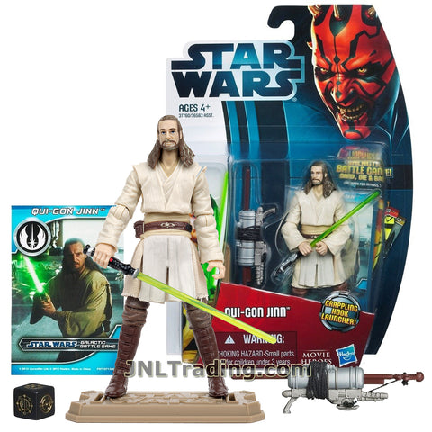 Star Wars Year 2012 Movie Heroes Series 4 Inch Tall Figure : QUI-GON JINN MH10 with Lightsaber, Grappling Hook Launcher, Battle Game Card, Die and Display Base