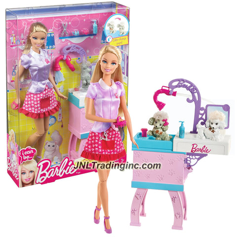 Mattel Year 2012 Barbie "I Can Be" Series 12 Inch Doll Set - Barbie as PET GROOMER (Y7379) with 2 Puppies, Bathtub with Showerhead, Hairclips, 2 Bow Ties and Blue Bottle