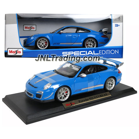 Maisto Special Edition Series 1:18 Scale Die Cast Car Set - Blue Sports Coupe PORSCHE 911 GT3 RS 4.0 with Spoiler & Base (Dim: 9-1/2" x 4" x 2-1/2")