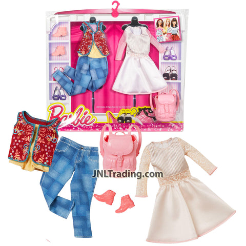 Year 2015 Barbie Fashionistas Series Fashion Pack - BACK TO SCHOOL OUTFIT DMF57 with White Tops, Denim Pants, Pink Dress, Shoes and Backpack