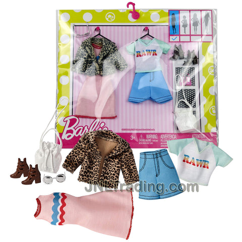 Year 2016 Barbie Fashionistas Series Accessory Set with Faux Leopard Fur Jacket, Dress, Rawr Tops, Denim Shorts, Purse, Sunglasses and 1 Pair of Shoes