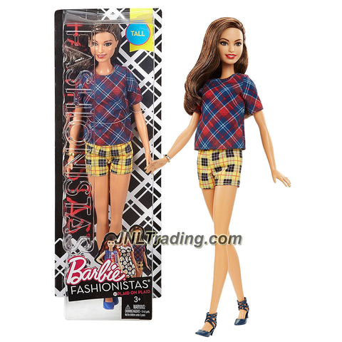 Mattel Year 2016 Barbie Fashionistas 12 Inch Doll - Hispanic TALL (DVX74) with Long Brown Hair in Red Plaid Tops on Yellow Plaid Shorts with Bracelet
