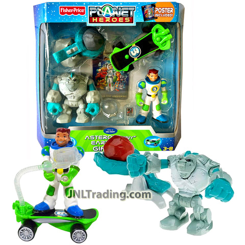 Year 2007 Planet Heroes Exclusive 5 Inch Tall Figure Gift Set - ASTEROID TINY with Catapult, EARTH ACE with Superboard, 2 Trading Cards Plus Comic
