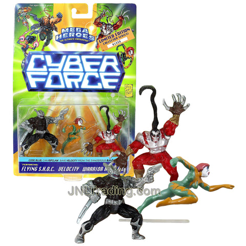 Year 1995 Mega Heroes The Ultimate Encounter Cyber Force Limited Edition Collector Series 3 Pack 2-1/2 Inch Tall Mini Figures - FLYING S.H.O.C. , VELOCITY and WARRIOR RIPCLAW