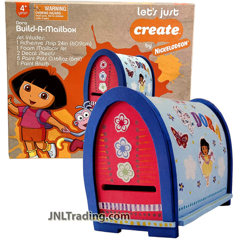 Year 2007 Nickelodeon Dora the Explorer Let's Just Create Kit : BUILD -A-MAILBOX with Adhesive Strip, Foam Mailbox, Decal Sheets, Paint Pots and Brush