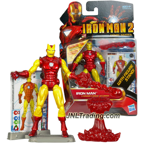 Marvel Year 2010 IronMan 2 Comic Series 4 Inch Tall Figure Set #28 - Classic Armor IRON MAN with Red Repulsor Blast, Blast-Off Base, Display Stand and 3 Armor Cards