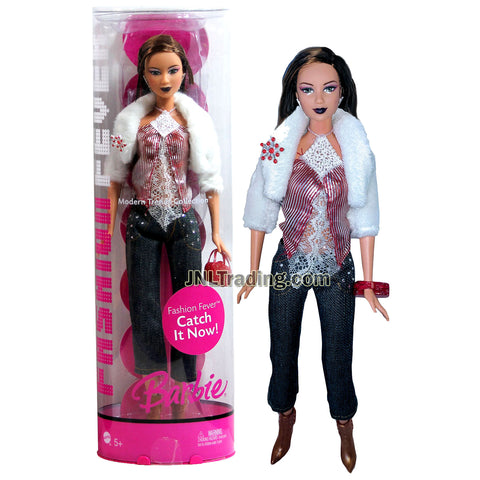 Year 2006 Barbie Fashion Fever Modern Trends Collection Series 12 Inch Doll - KAYLA in White Fur Jacket, Neck-Strapped Top and Denim Pants with Purse, High Heel Shoes and Display Stand