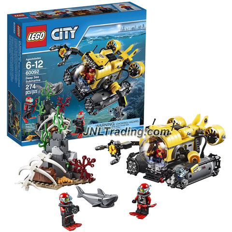 Lego Year 2016 City Series Set #60092 - DEEP SEA SUBMARINE with Treasure Chest, Shark, 2 Scuba Diver and Submariner Minifigures (Pieces: 274)
