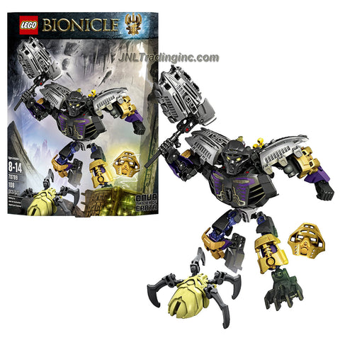 Lego Year 2015 Bionicle Series 8 Inch Tall Figure Set #70789 - ONUA Master of Earth with 4 Golden Shells, Tribal Chest Decoration, Convertible Earthquake Hammer/Turbo Shovelers, Wheel-Operated Bashing Battle Arm Function Plus Golden Mask of Earth and a pale green Skull Spider (Total Pieces: 108)
